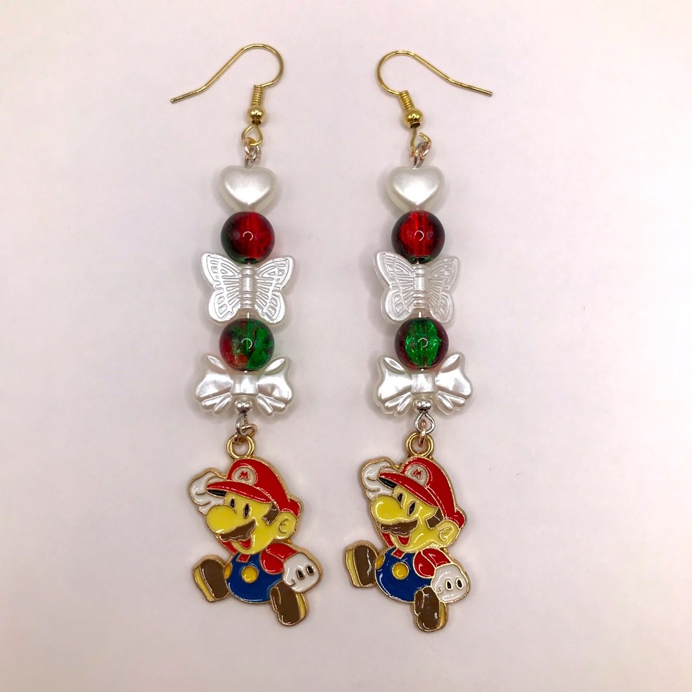 Handmade Holiday Christmas Butterflies and Bows Repurposed Mario Charm Earrings